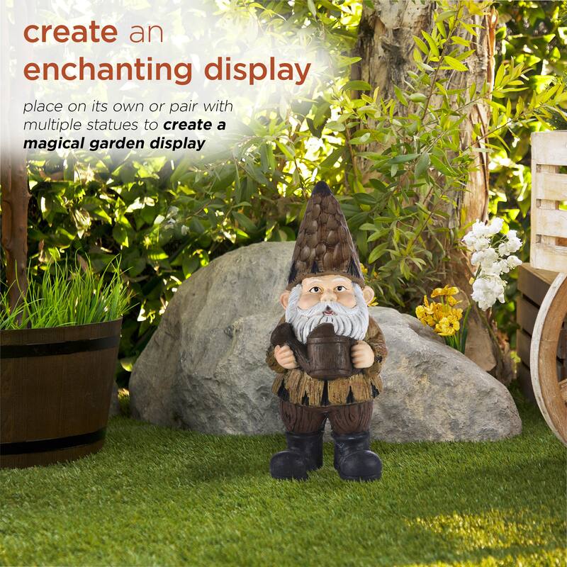Alpine Corporation 16"H Indoor/Outdoor Garden Gnome with Watering Can Statue, Brown