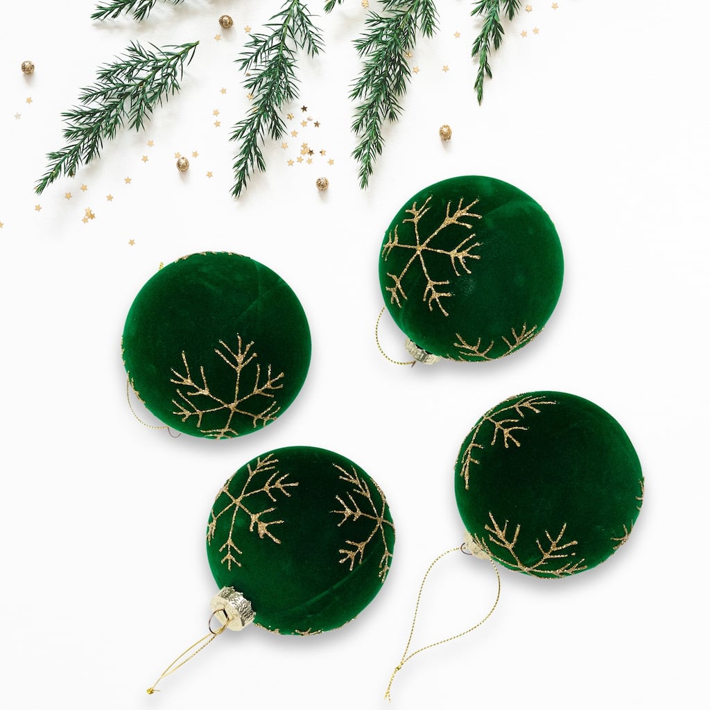 4ct Green Flocked Glass Ball Christmas Ornaments Gold Snowflakes 3"