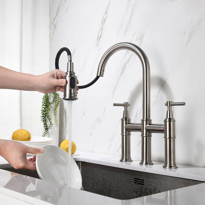 Bridge Kitchen Faucet with Pull-Down Sprayhead in Spot