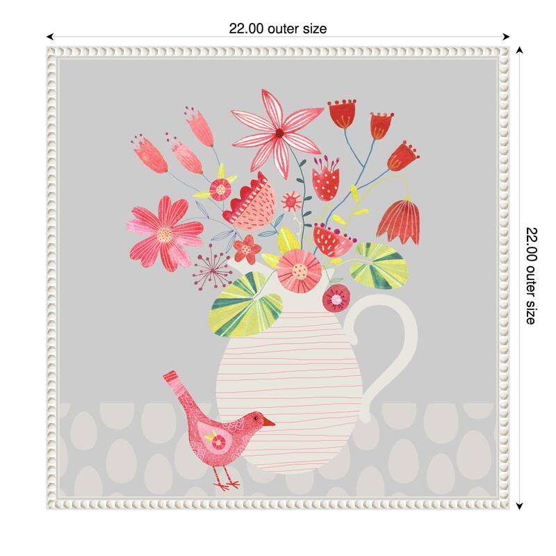 Bird With Jug of Flowers by Nic Squirrell Framed Canvas Wall Art Print - 22 x 22 in