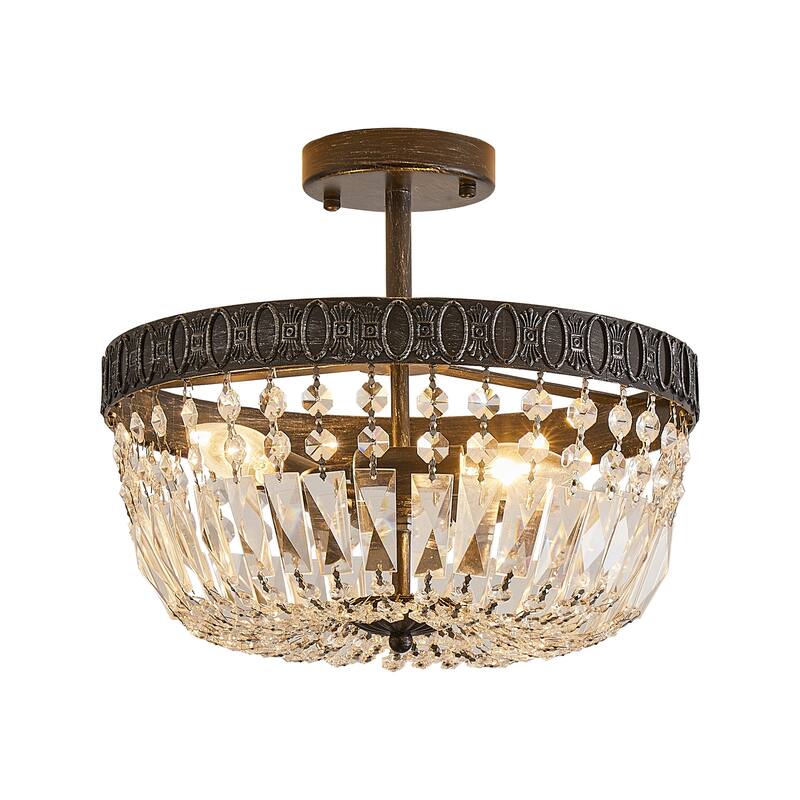 Black Industrial 3-Light Crystal Semi-Flush Mount Chandelier