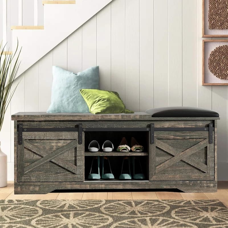 WESOME 47 inch Shoes Bench with Sliding Barn Door Storage Cabinet and Adjustable Shelves - 47.24"Lx15.35"Dx18.7"H - Old Pine