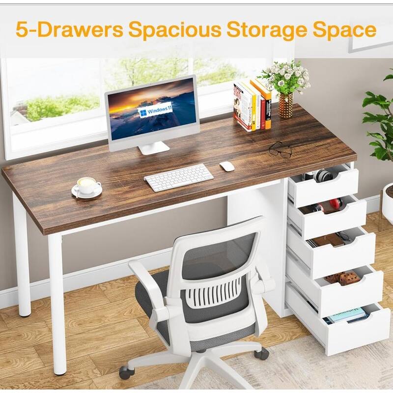 Computer Desk with 5 Drawers, 47 inches Rustic Brown (Reversible Drawer Cabinet)