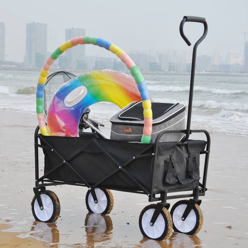 Folding Utility Wagon, Heavy Duty Steel Frame, 150lbs Capacity, Waterproof 600D Polyester, Adjustable Handle for Outdoor