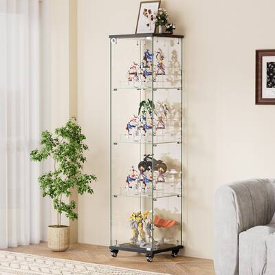 4 Tier Glass Display Cabinet,Single Door Glass Cabinet with Lock and Wheels,Floor Standing Cabinet with 3 Acrylic Shelves