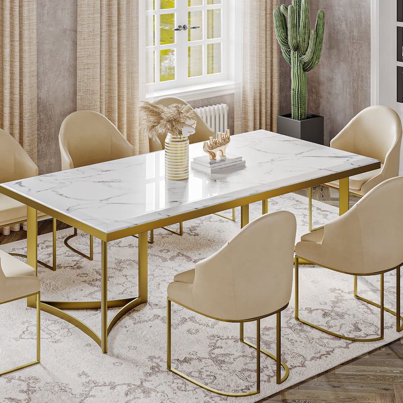 Modern Marble Dining Table with White Rectangular Tabletop Gold Stainless Legs, Dining Room Table - 70.87" - White