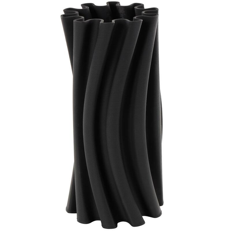 Black Ceramic Curvy Ribbed Abstract Vase with Floral Shaped Rim
