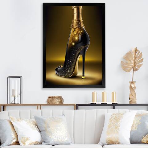 Designart "Golden Champagne High Heel II" Fashion Framed Art Print