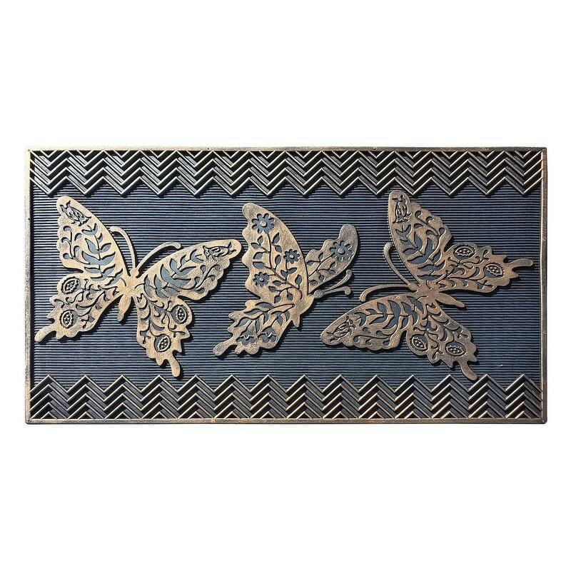 A1HC All Weather Rubber Door Mat, Dirt Grabber Durable Welcome Doormat, Pin Scrapper Doormat - Fly Away Butterfly Bronze