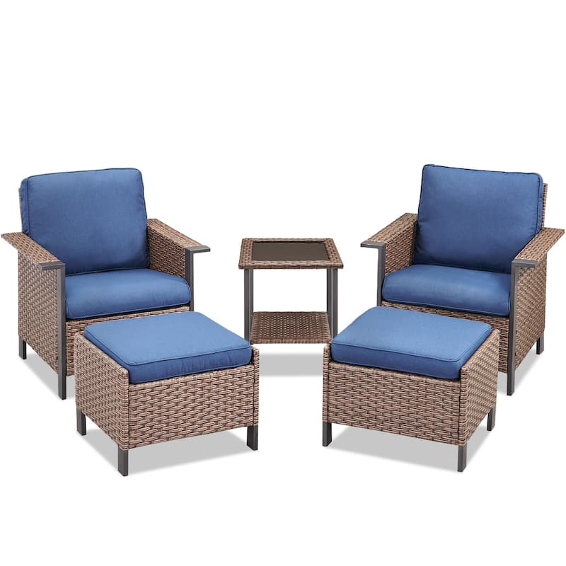 Pocassy Outdoor Wicker 5-Piece Patio Chair Table with Ottoman
