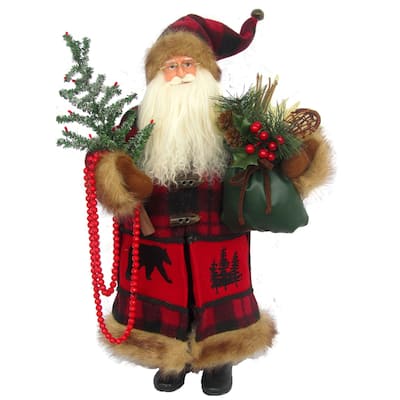 18" Buffalo Plaid Black Bear Santa - Red