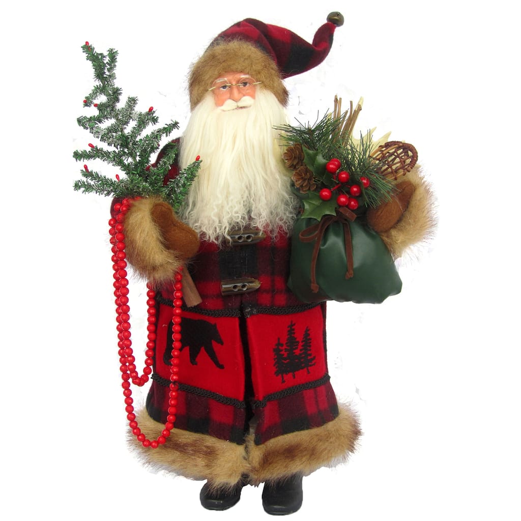 18" Buffalo Plaid Black Bear Santa - Red