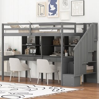 Gray Twin Size Solid Wood Loft Bed with Storage Staircase and Desks