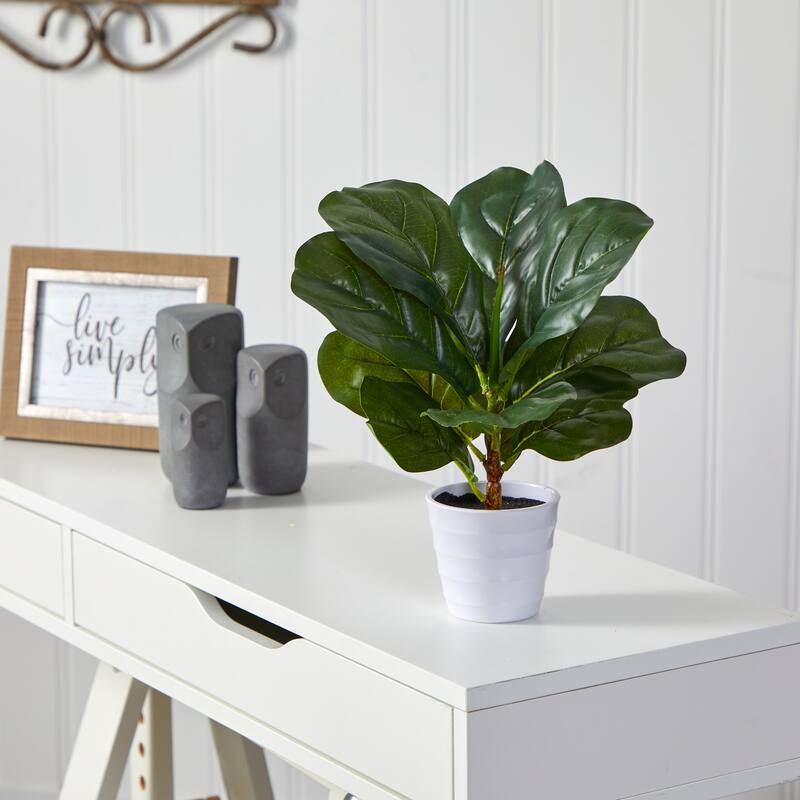 11" Fiddle Leaf Artificial Plant in White Planter (Real Touch) - 3.25"