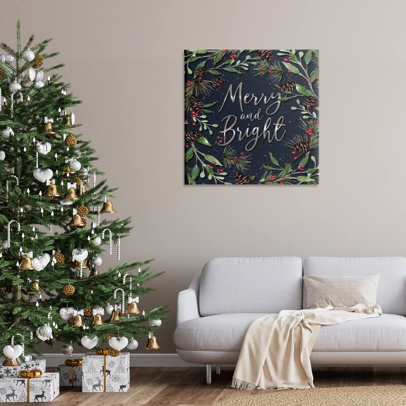 Stupell Merry & Bright with Holly Leaves Canvas Wall Art Design By Elizabeth Tyndall