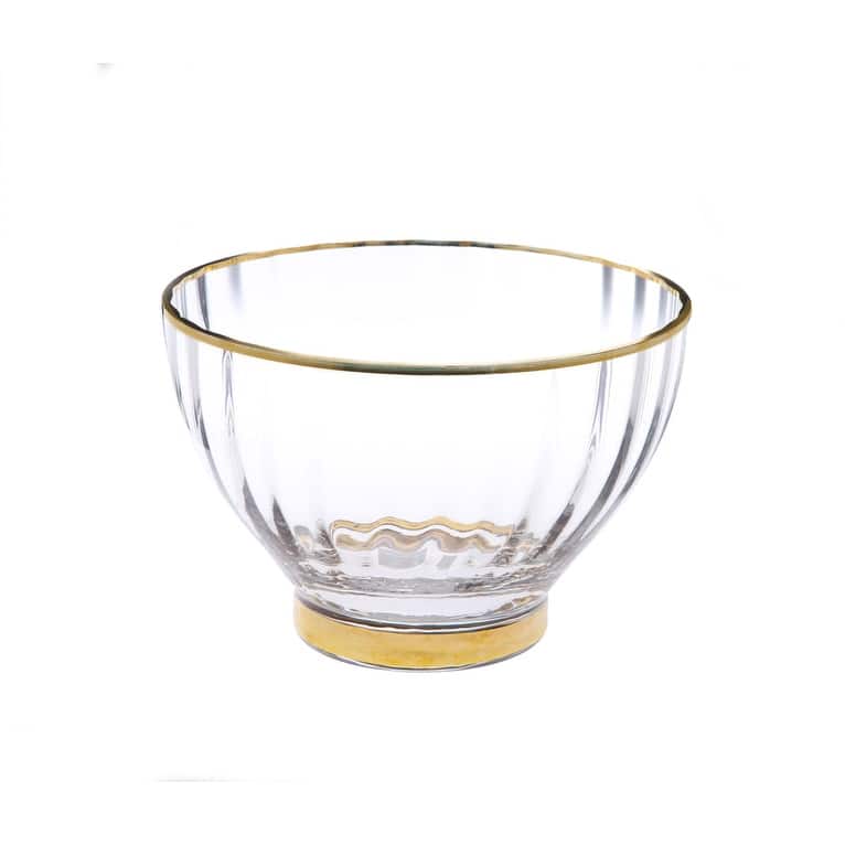 Set of 4 Line Textured Dessert Bowls with Gold Rim and Base