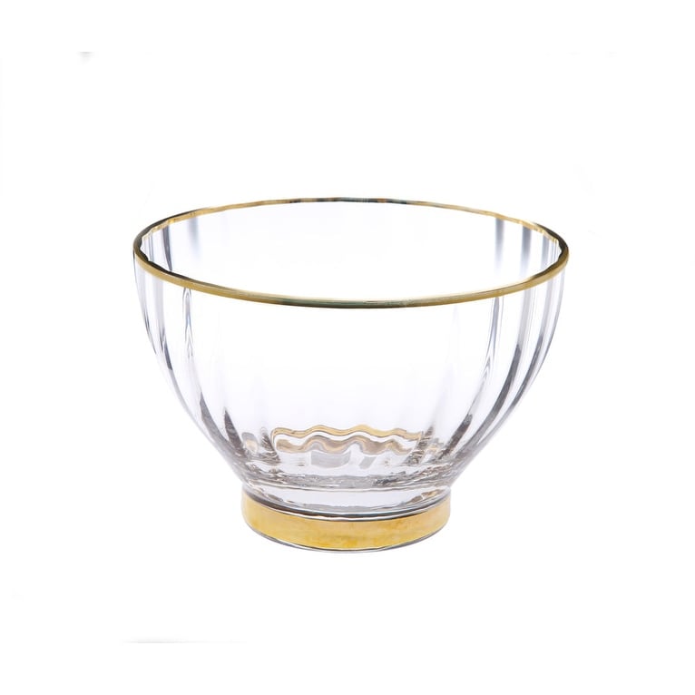 Set of 4 Line Textured Dessert Bowls with Gold Rim and Base