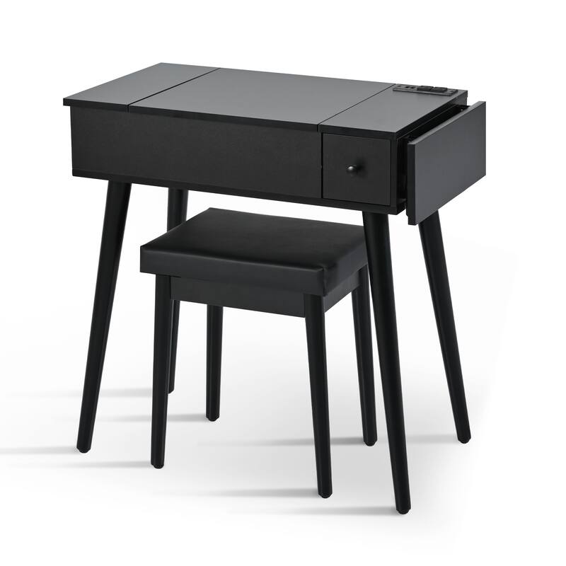 27.9" Black Makeup Vanity Desk with Flip Top Mirror&LED Light, Dressing Table with Charging