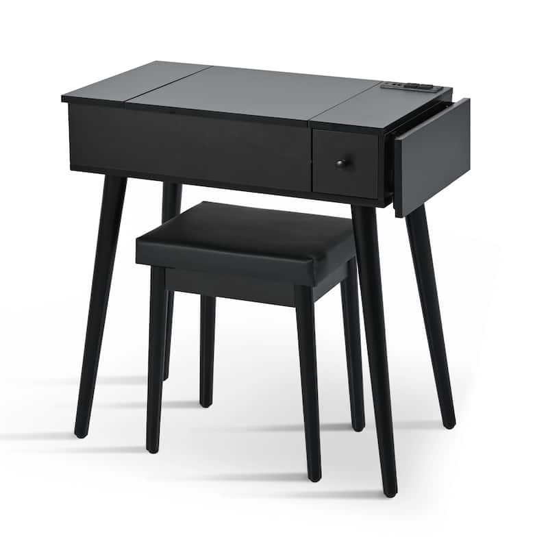 27.9''Makeup Vanity Desk With Flip Top Mirror And Led Light,Dressing Table With Charging Station,2 Drawers,With Cushioned Stool