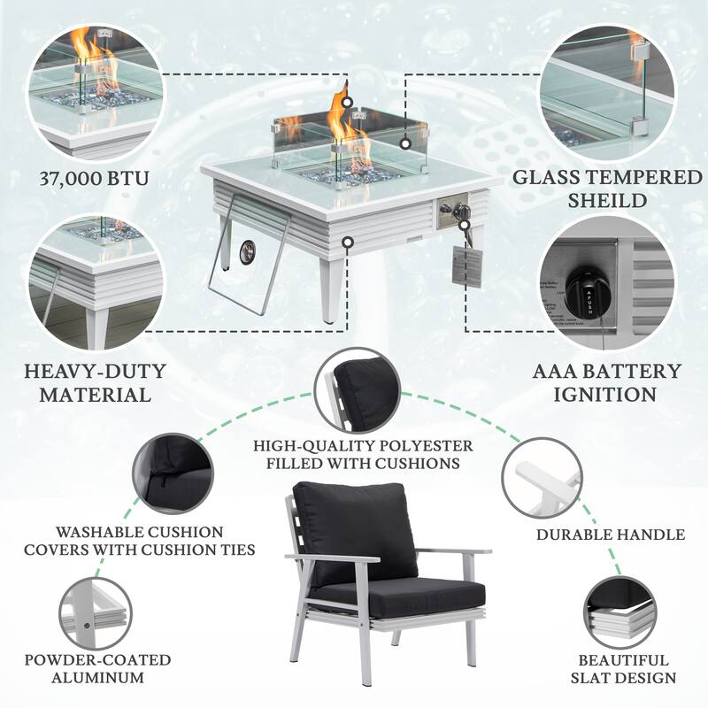 Walbrooke Polyester Upholstered Aluminum Powder Coated Outdoor Patio Furniture Set with Fire Pit Table
