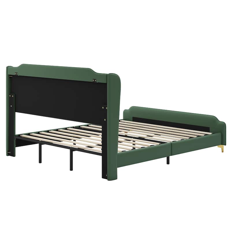 King/Queen Upholstered Bed Frame with Wingback Headboard and Footboard, Platform Base, Solid Wood Support