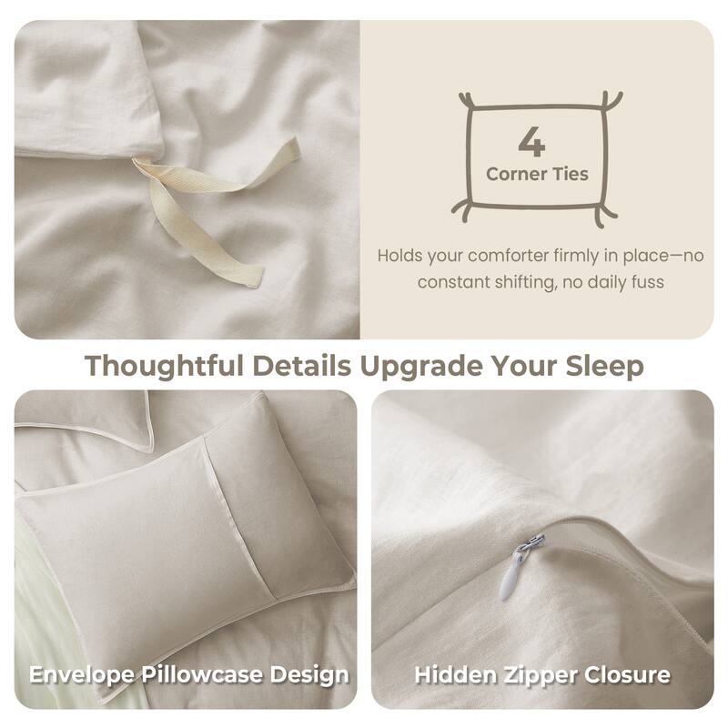 Flax Linen Cotton Blend Duvet Cover Set, Durable, Breathable and Moisture-Wicking, 3 Piece Bedding Set