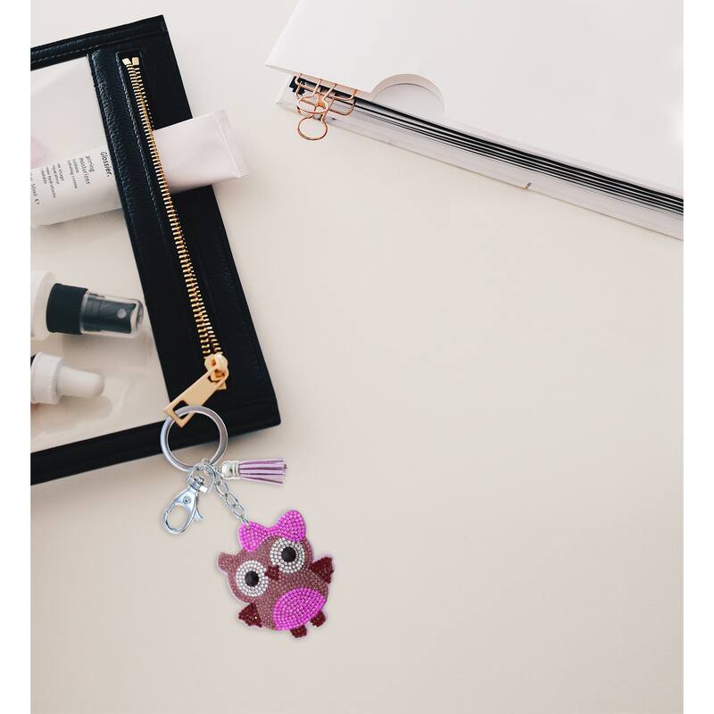 Aqua79 Owl Keychain - Pink Sparkling Rhinestones Charm with Tassel - 2.75 x 2.5 x 0.25 inches