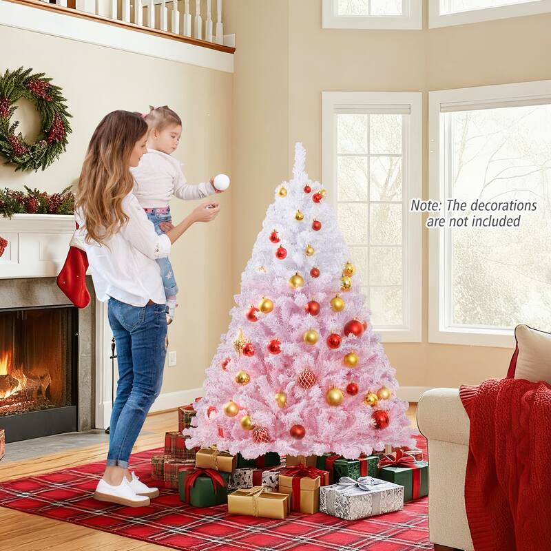 Gymax Artificial Christmas Tree Hinged Snow Flocked Xmas Tree w/ - Pink, White