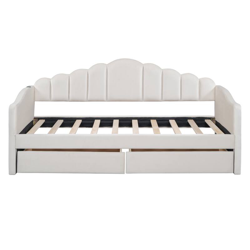 Twin Size Daybed Velvet Upholstered Sofabed with 2 Storage Drawers and USB Charging Ports, Wooden Bedframe No Box Spring Needed
