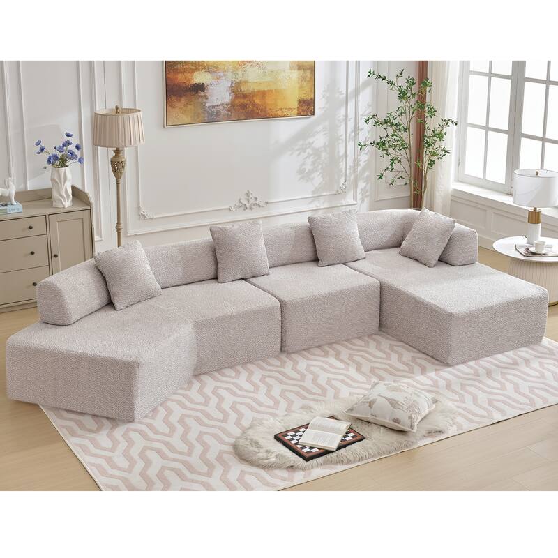 140" L-Shape Boucle Modular Sectional Sofa with Chaise and 4 Pillows - Grey