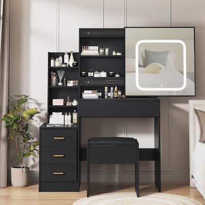 Vanity Desk with Sliding LED Mirror & Power Outlet, Makeup Table with 3-Color Lights, 4 Drawers