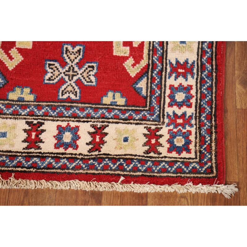 Geometric Kazak Rug Hand-Knotted Traditional Red Wool Carpet - 2'0"x 3'0"