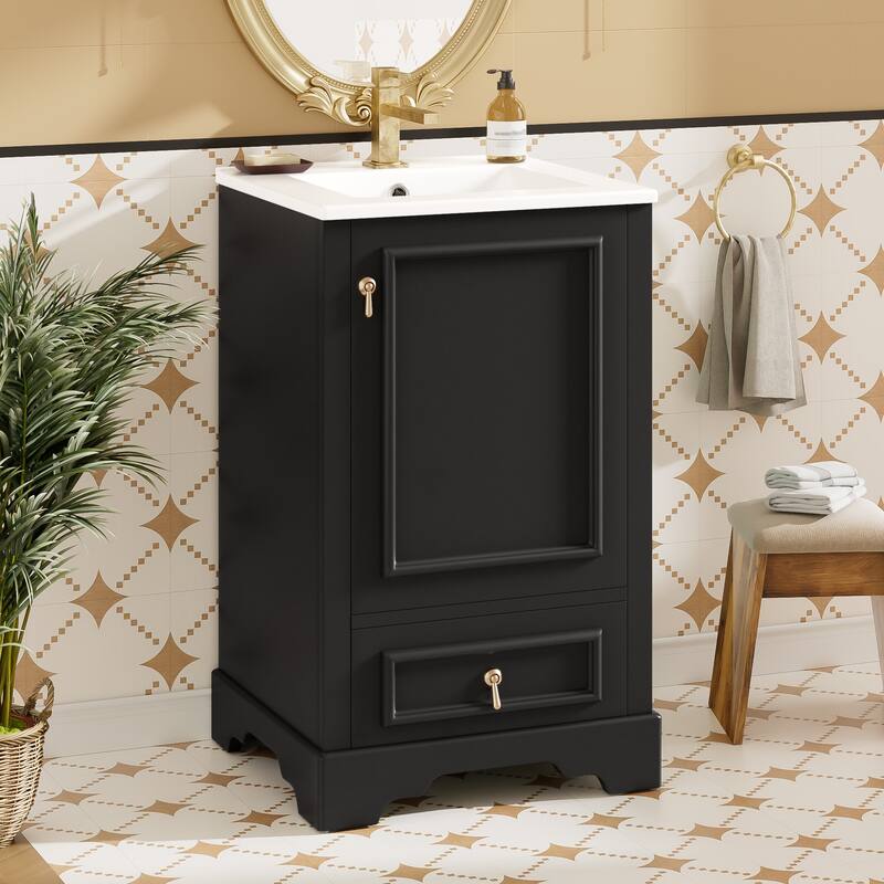 20" Bathroom Vanity with Ceramic Sink Bathroom Storage Cabinet with Adjustable U-Shaped and Drawer