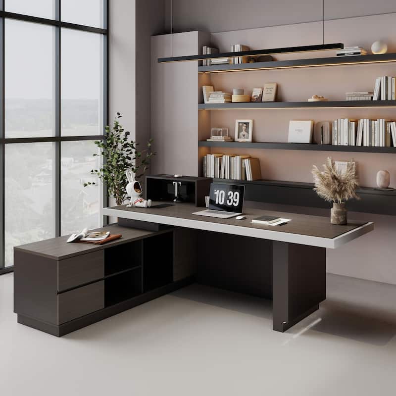 WESOME L Shaped Executive Desk with Cable Box Socket and LED Light for Home Office