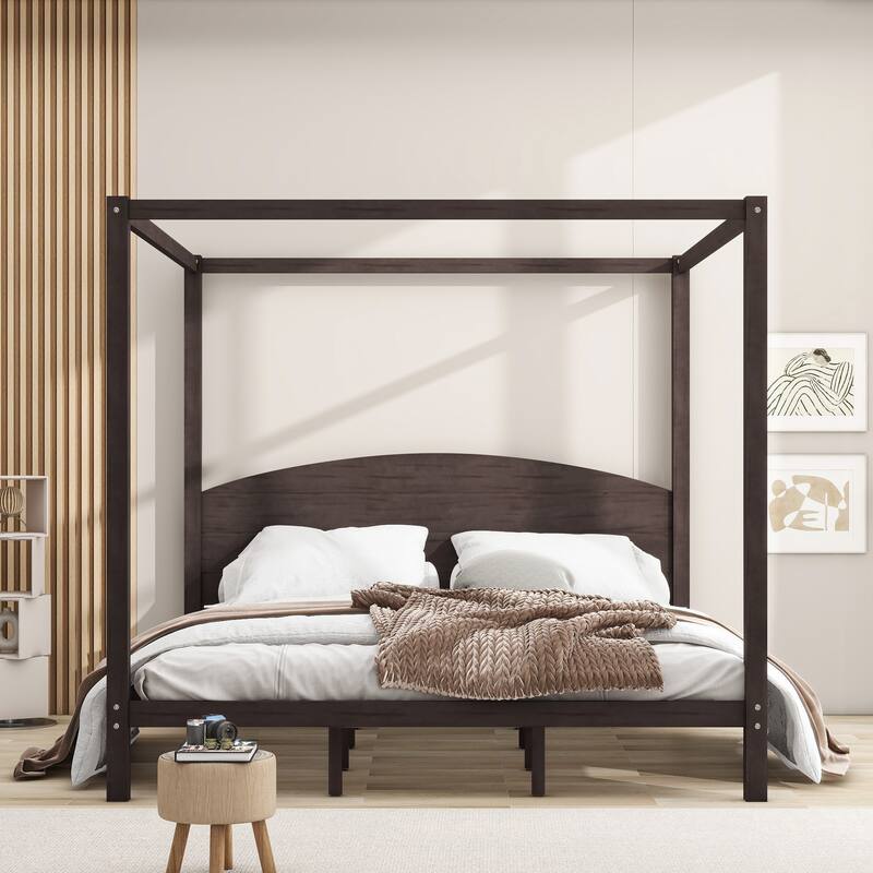 King Size Canopy Platform Bed with Headboard and Support Legs