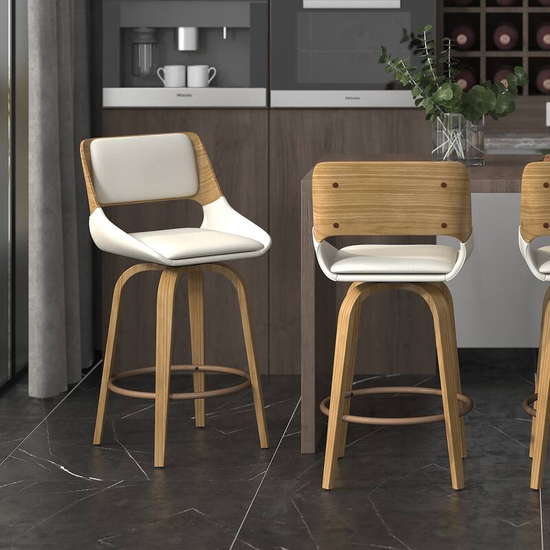 Mid-Century Modern Fabric and Wood 26" Counter Stool with Swivel - Beige and Natural - N/A