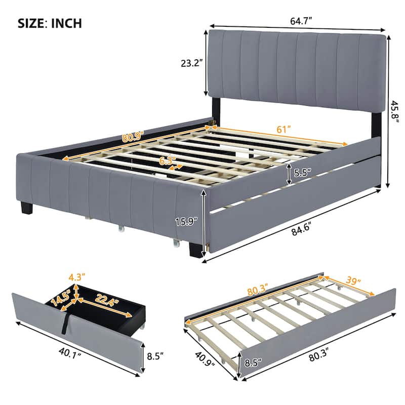 Queen Size Velvet Upholstered Platform Bed with 2 Drawers and 1 Twin XL