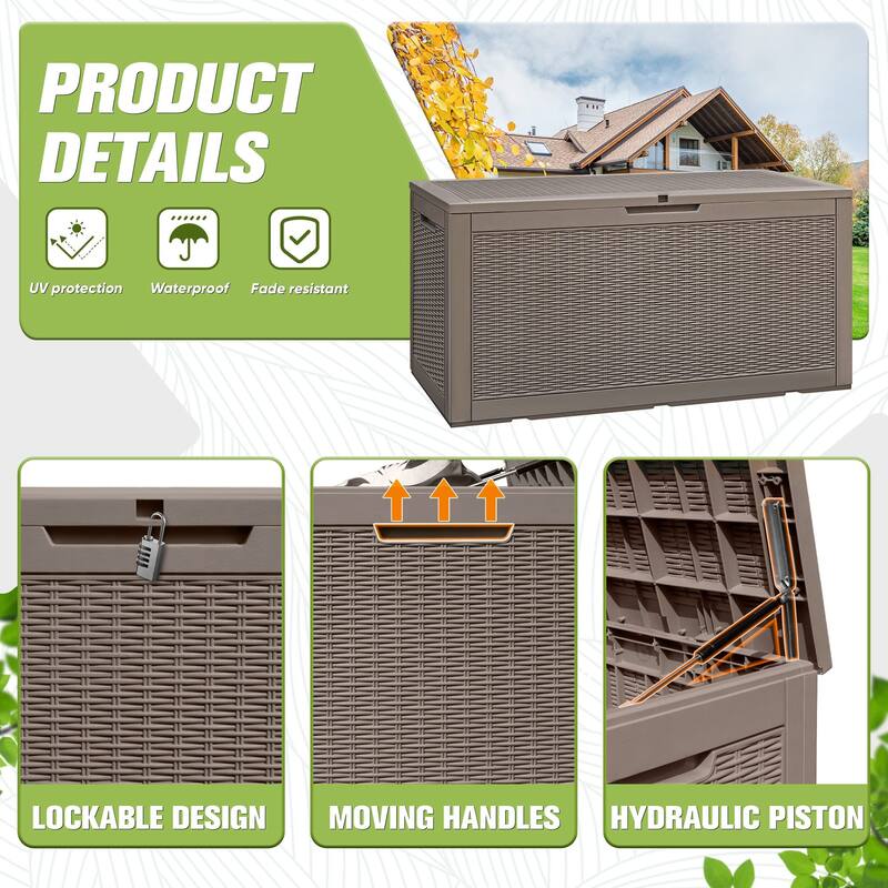 100 Gallon Outdoor Storage Box Waterproof Large Resin Deck Box Patio Storage Bench Lockable Storage Container