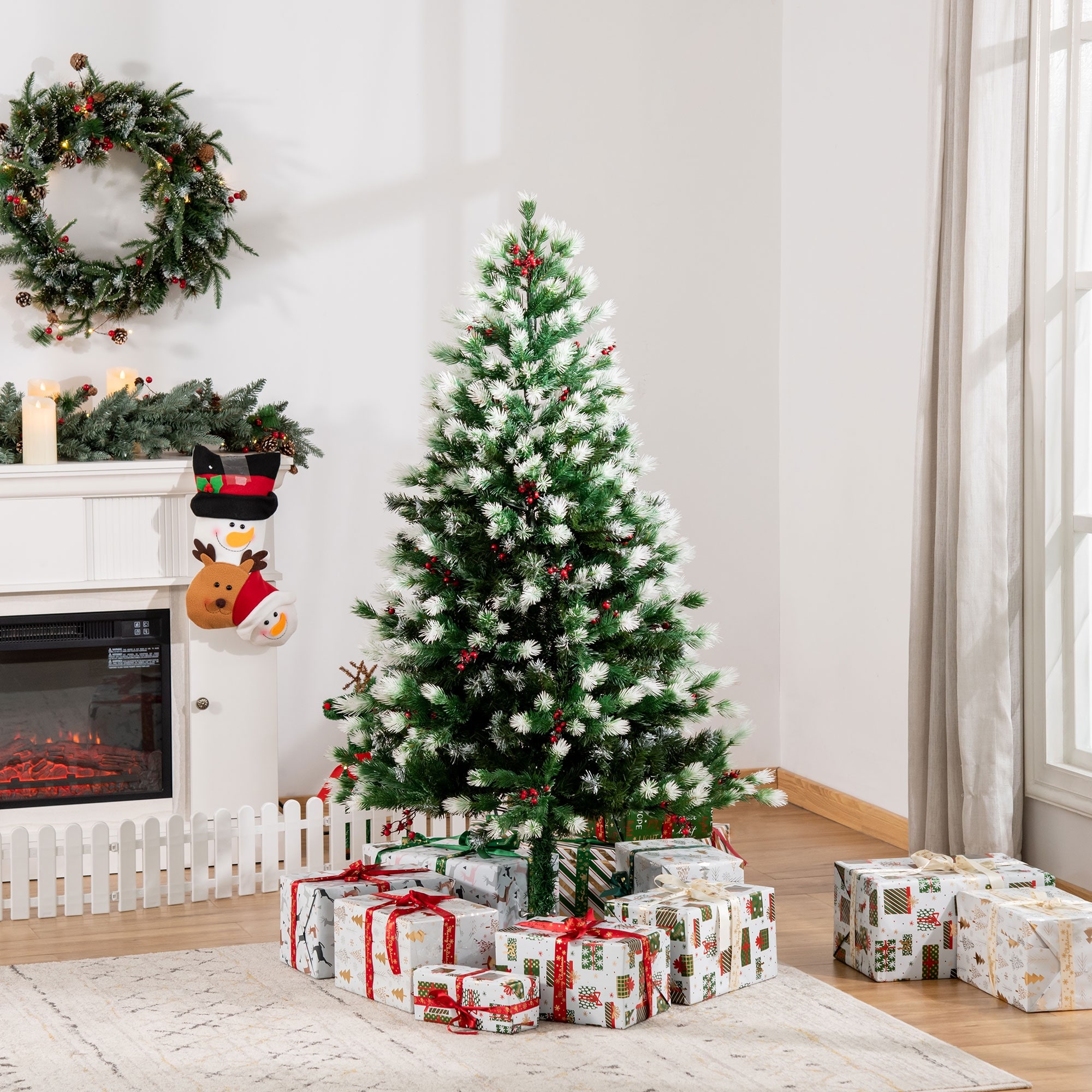 HOMCOM 2 Pre-Decorated Christmas Trees with Mistletoe and Pine Cones,  Cordless Small Christmas Trees with Lights and Stands - Overstock - 32336016, image size:2000x2000