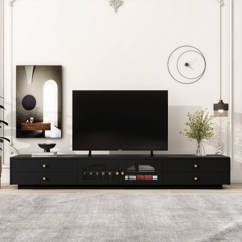 Luxurious 95" TV Stand with Fluted Glass Doors and Tempered Glass Shelves - Black