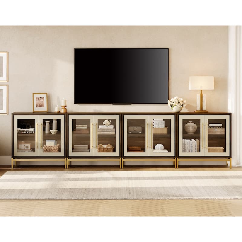 WAMPAT Modern TV Stand with Leather-Textured Doors - 4 Glass doors