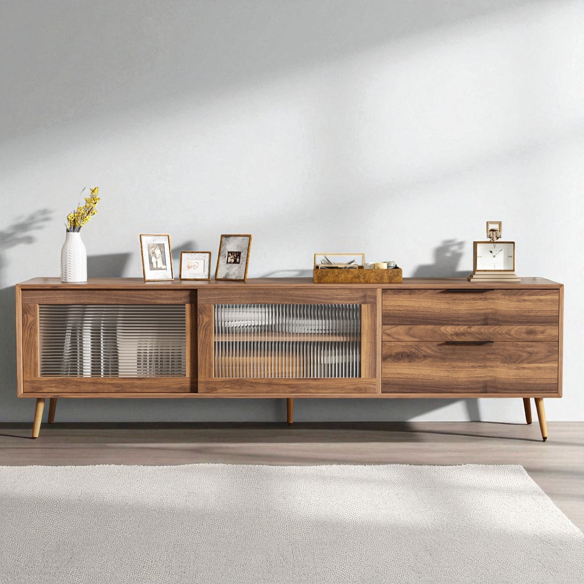 Modern 70" TV Stand for TVs up to 75", Entertainment Console with Glass Doors, 2 Drawers & Cabinet,Mid-Century Media Unit