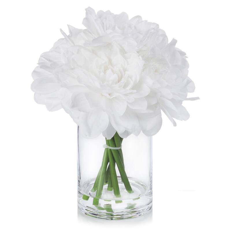 Enova Home Artificial Silk Dahlias Fake Flowers Arrangement in Clear Glass Vase with Faux Water For Home Decoration - White