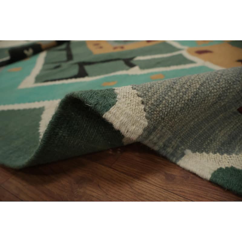 Hand Woven Oriental 100% Wool Carpet Southwestern Tribal Green Kilim Area Rug - 8' 9'' X 4' 11''