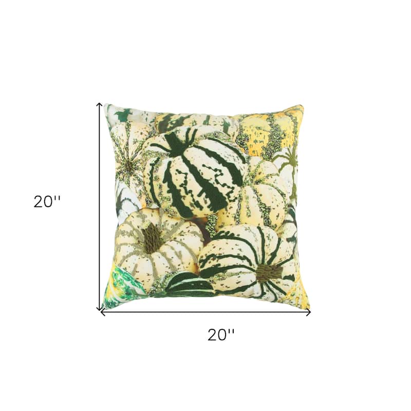 HomeRoots 20" Green and White Thanksgiving Cotton Pillow With Embroidery, Beads Edges