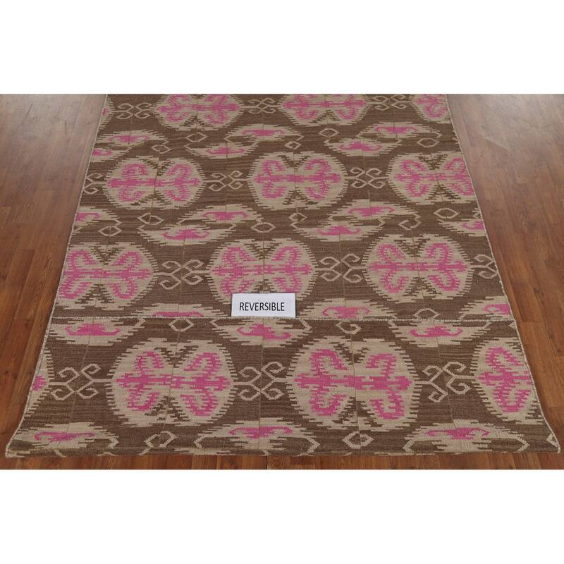 Geometric Kilim Oriental Area Rug Hand-Woven Wool Carpet - 6'0"x 8'10"
