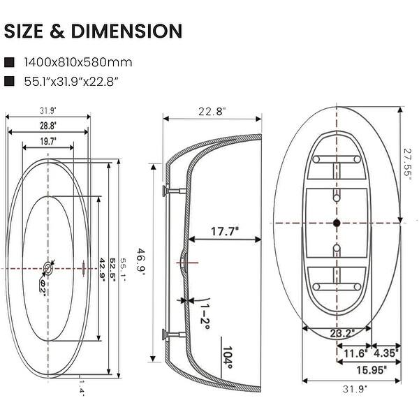 Vanity Art 55" X 32" White Acrylic Freestanding Air Bubble Soaking Bathtub with UPC Certified Overflow and Pop-up Drain