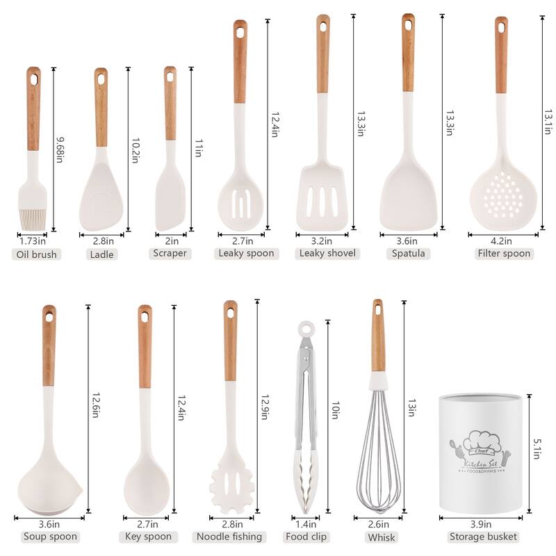 SUGIFT 13-Piece Silicone Kitchen Utensils with Wooden Handles Set