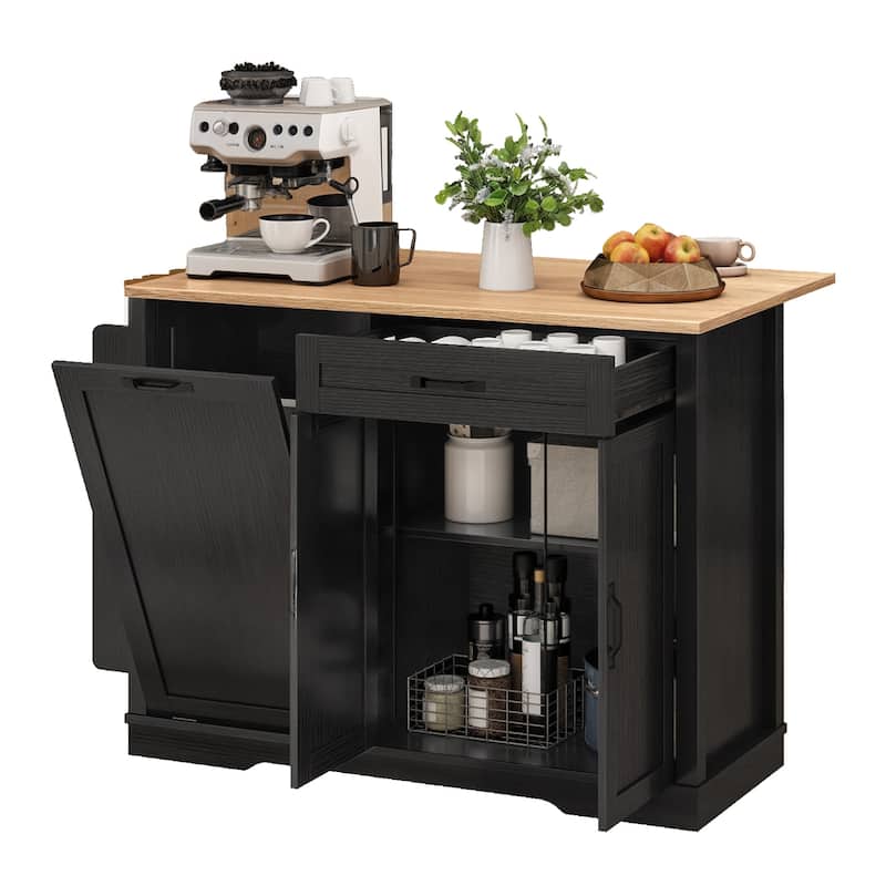 Moasis Rolling Portable Kitchen Island With Trash Can Storage Cabinet and Drawer&Floating Tabletop - Black