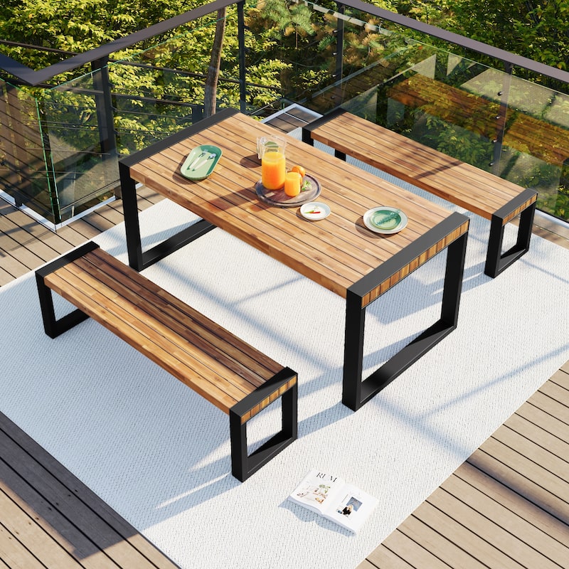 Roomfitters 3-Piece Outdoor Dining Set with Rectangular Table and 2 Benches, Industrial Patio Picnic Furniture, Acacia Wood
